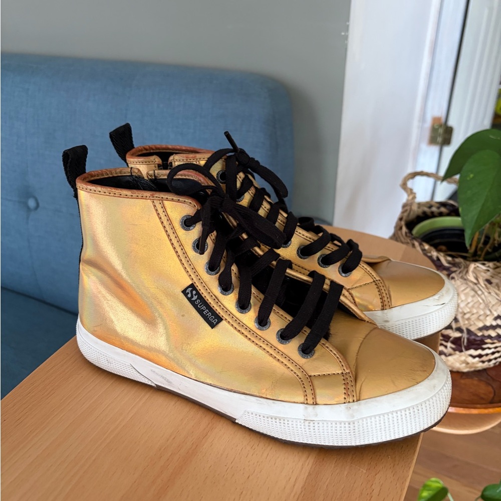 Superga Iridescent Gold High Top Sneakers Faux Fur Sz 8.5